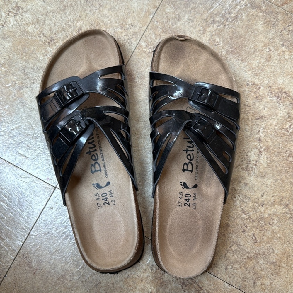 Betula by Birkenstock Black Patent Strappy Buckle Slide Sandals Size 37 US 6 6.5